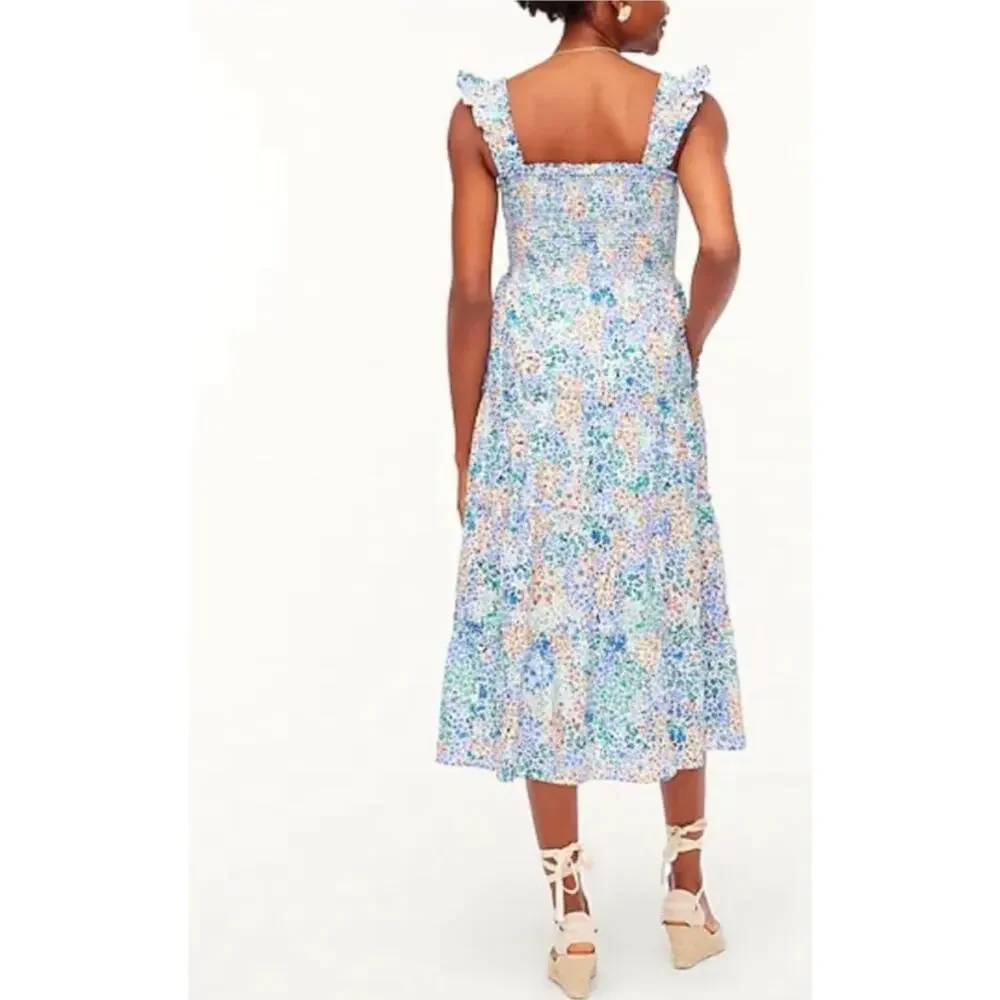 J. Crew Dress Floral Cotton Smocked Midi Tiered Multicolor Size Medium - Picture 2 of 10